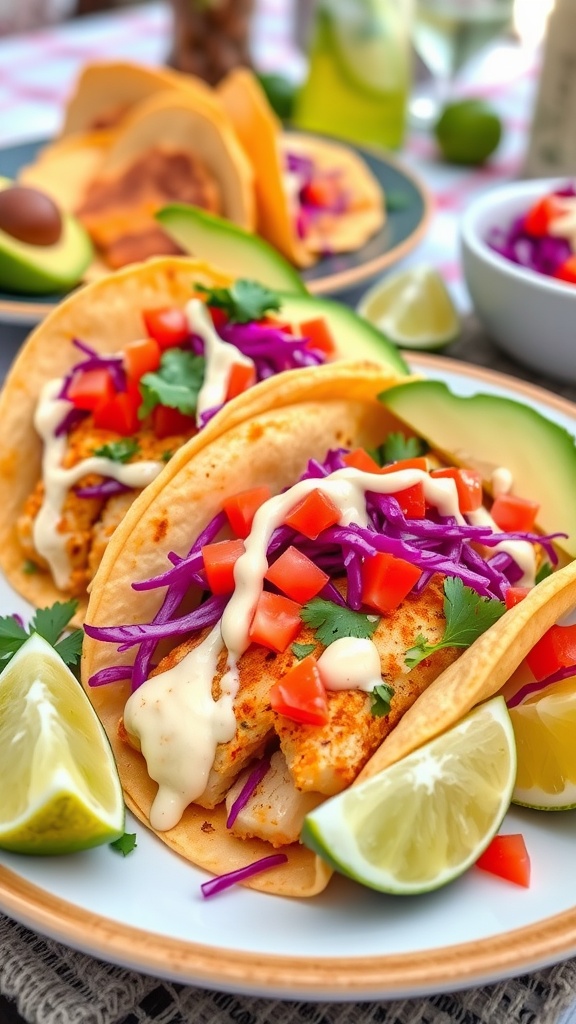 Spicy mahi mahi fish tacos with cabbage, tomatoes, and avocado on a colorful plate with lime wedges.